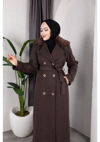 Kadın Kruvaze Kürk Yaka Kuşaklı Tam Boy Manto Kaban -PMK491 fiyatları