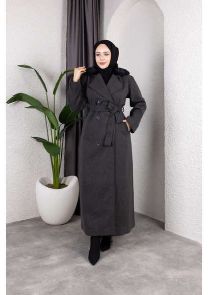 Kadın Kruvaze Kürk Yaka Kuşaklı Tam Boy Manto Kaban -PMK491