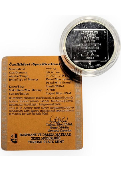 Anayasa 2004 Yılı Gümüş Hatıra Madalyonu Mineli Sertifikalı (Kenarlarda Sarılaşma Var) fiyatları