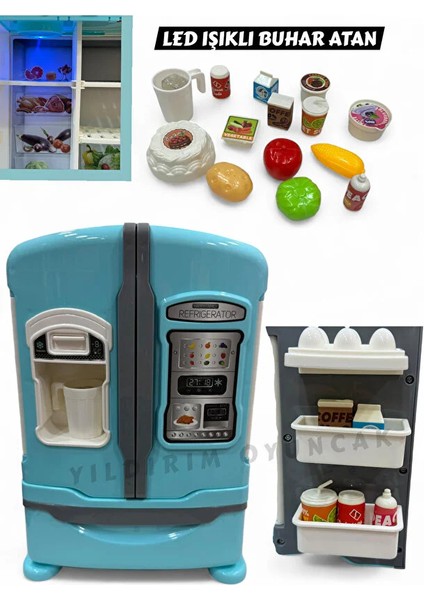LED Işıklı Buhar Sprey Atan Açılabilir Çift Kapılı Buzdolabı 20 Parça Aksesuarlı Sesli Müzikli 26 cm