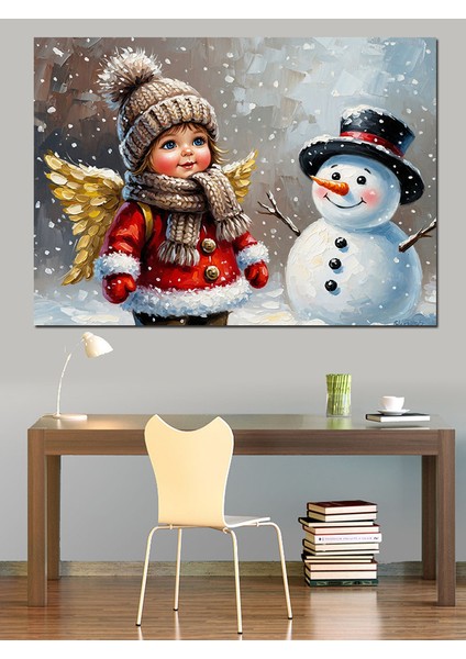 Kış Melekleri Kardan Adam Dekoratif Kanvas - Mdf Ahşap Tablo