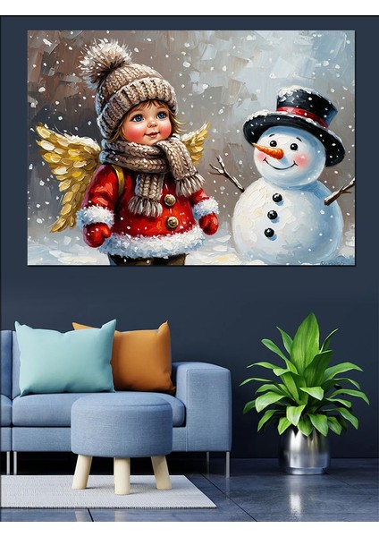 Kış Melekleri Kardan Adam Dekoratif Kanvas - Mdf Ahşap Tablo fırsatları