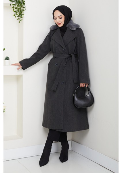 Kadın Kürk Detaylı Kruvaze Yaka Kuşaklı Kaşe Kaban -PMK492