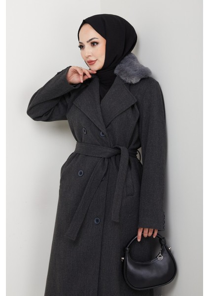 Kadın Kürk Detaylı Kruvaze Yaka Kuşaklı Kaşe Kaban -PMK492 fiyatları