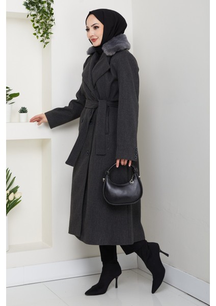 Kadın Kürk Detaylı Kruvaze Yaka Kuşaklı Kaşe Kaban -PMK492 modelleri