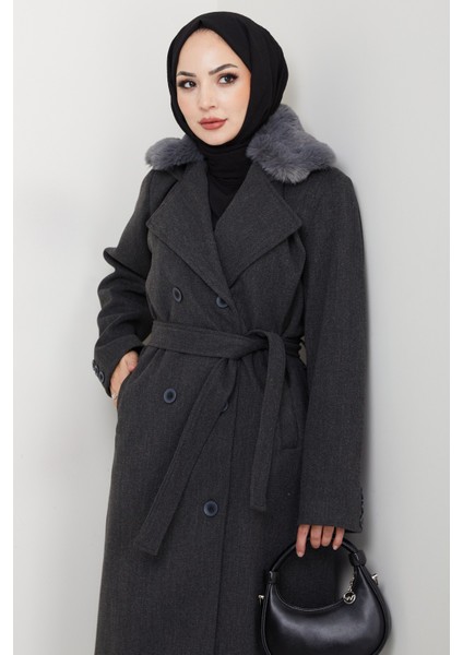 Kadın Kürk Detaylı Kruvaze Yaka Kuşaklı Kaşe Kaban -PMK492 fırsatları