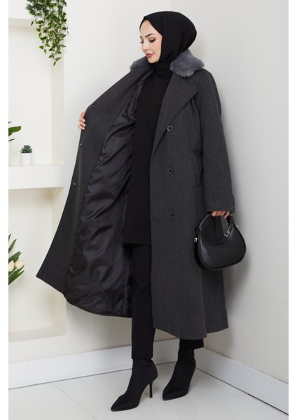 Kadın Kürk Detaylı Kruvaze Yaka Kuşaklı Kaşe Kaban -PMK492 indirimleri