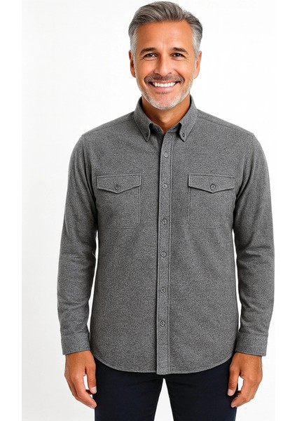 BURSPA Rahat Kesim Düz Kışlık Kapaklı Düğmeli Çift Cep Erkek Baba Gömlek