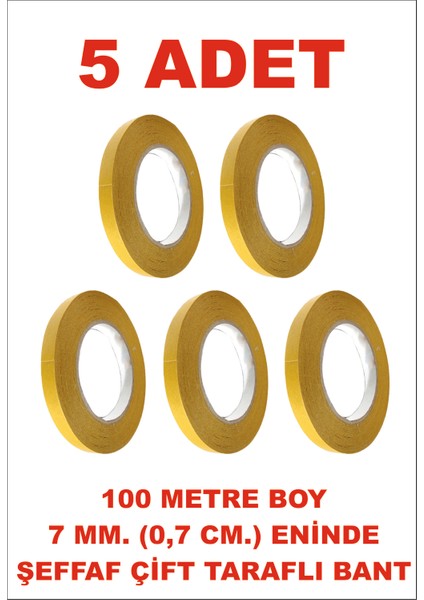 Çift Taraflı Şeffaf Sarı Bant 7 mm Eninde 100 M. Uzunlukta 5 Adet Gönderilmektedir.