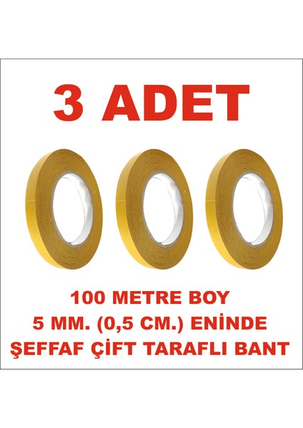 Çift Taraflı Şeffaf Sarı Bant 5 mm Eninde 100 M. Uzunlukta 3 Adet Gönderilmektedir.