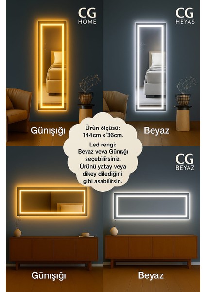 Biga Ledli Ayna, Dekoratif Ayna, LED Ayna, Salon Aynası, Konsol Aynası 144X36 cm fiyatları
