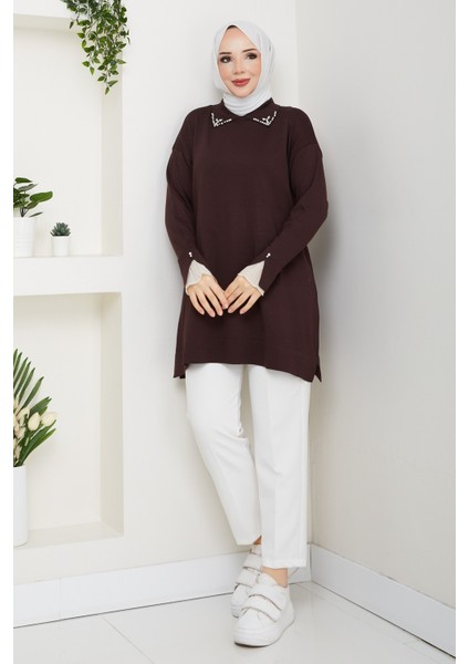 Kadın Kol Ağzı Dantel Detaylı Merserize Triko Tunik -PMK493
