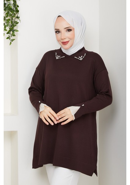 Kadın Kol Ağzı Dantel Detaylı Merserize Triko Tunik -PMK493 fiyatları