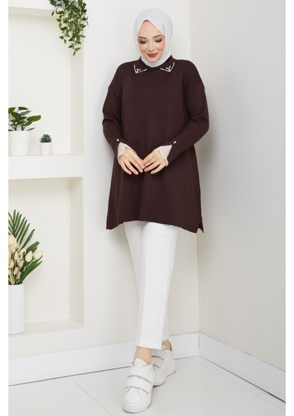 Kadın Kol Ağzı Dantel Detaylı Merserize Triko Tunik -PMK493 fırsatları