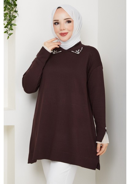 Kadın Kol Ağzı Dantel Detaylı Merserize Triko Tunik -PMK493 indirimleri