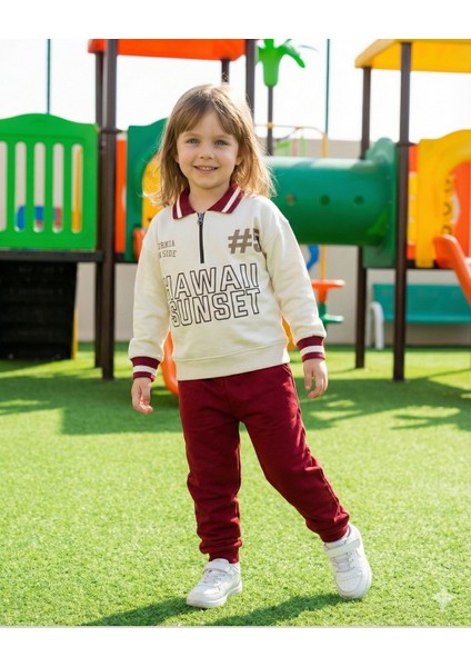 Asliva Unisex Çocuk Bordo Hawaii Sunset Baskılı Polo Yaka Yarım Fermuarlı Pamuklu Eşofman Takımı
