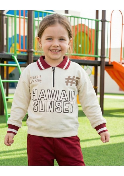 Asliva Unisex Çocuk Bordo Hawaii Sunset Baskılı Polo Yaka Yarım Fermuarlı Pamuklu Eşofman Takımı fiyatları