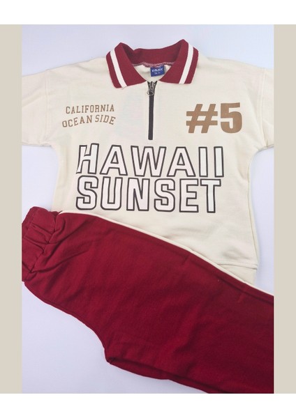 Asliva Unisex Çocuk Bordo Hawaii Sunset Baskılı Polo Yaka Yarım Fermuarlı Pamuklu Eşofman Takımı modelleri