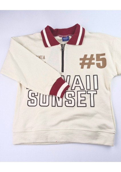 Asliva Unisex Çocuk Bordo Hawaii Sunset Baskılı Polo Yaka Yarım Fermuarlı Pamuklu Eşofman Takımı fırsatları