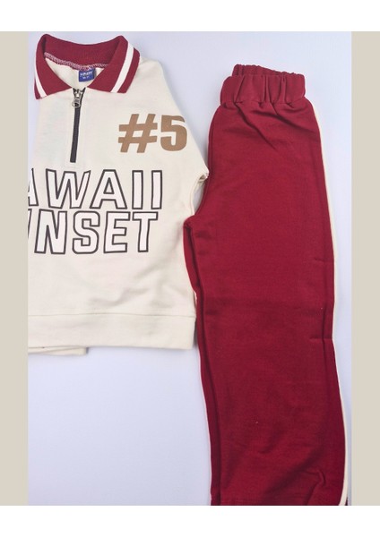 Asliva Unisex Çocuk Bordo Hawaii Sunset Baskılı Polo Yaka Yarım Fermuarlı Pamuklu Eşofman Takımı indirimleri