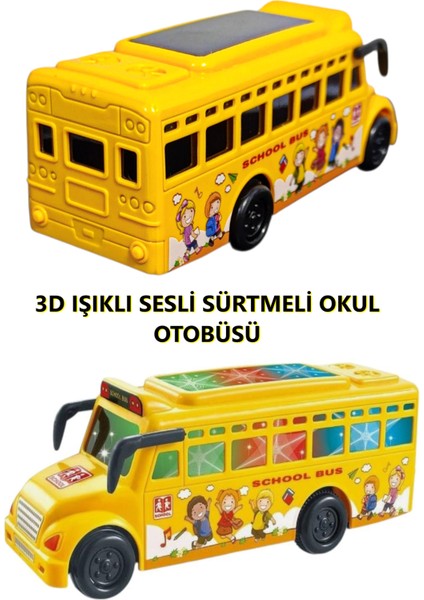 3D Işıklı Okul Otobüsü Sesli Sürtmeli Oyuncak Otobüs 15.5 cm