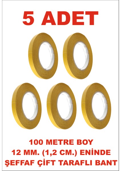 Çift Taraflı Şeffaf Sarı Bant 12 mm Eninde 100 M. Uzunlukta 5 Adet Gönderilmektedir.