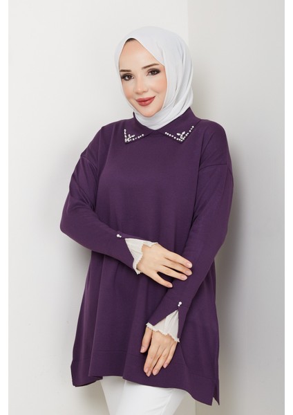 Kadın Kol Ağzı Dantel Detaylı Merserize Triko Tunik -PMK493