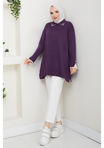 Kadın Kol Ağzı Dantel Detaylı Merserize Triko Tunik -PMK493 fiyatları