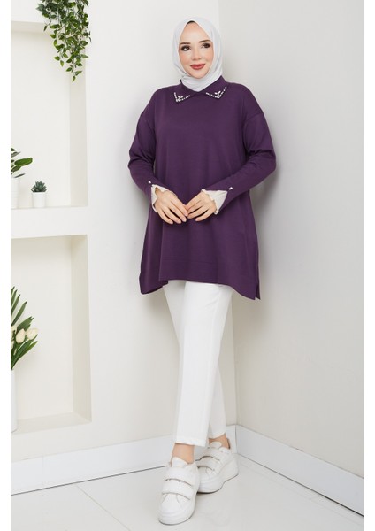 Kadın Kol Ağzı Dantel Detaylı Merserize Triko Tunik -PMK493 modelleri