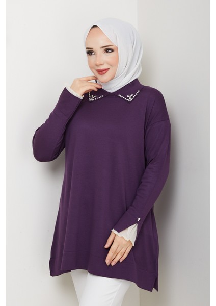 Kadın Kol Ağzı Dantel Detaylı Merserize Triko Tunik -PMK493 fırsatları