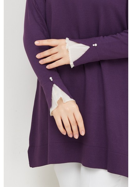 Kadın Kol Ağzı Dantel Detaylı Merserize Triko Tunik -PMK493 indirimleri