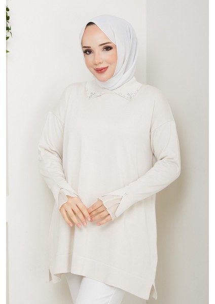 Kadın Kol Ağzı Dantel Detaylı Merserize Triko Tunik -PMK493