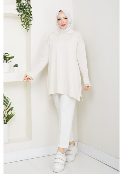 Kadın Kol Ağzı Dantel Detaylı Merserize Triko Tunik -PMK493 fiyatları