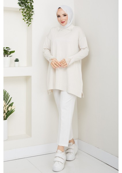 Kadın Kol Ağzı Dantel Detaylı Merserize Triko Tunik -PMK493 modelleri