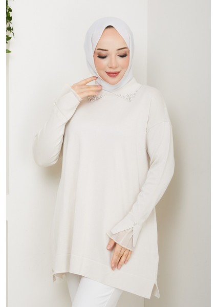 Kadın Kol Ağzı Dantel Detaylı Merserize Triko Tunik -PMK493 fırsatları