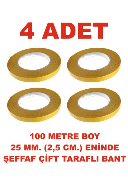 Çift Taraflı Şeffaf Sarı Bant 25 mm Eninde 100 M. Uzunlukta 4 Adet Gönderilmektedir.