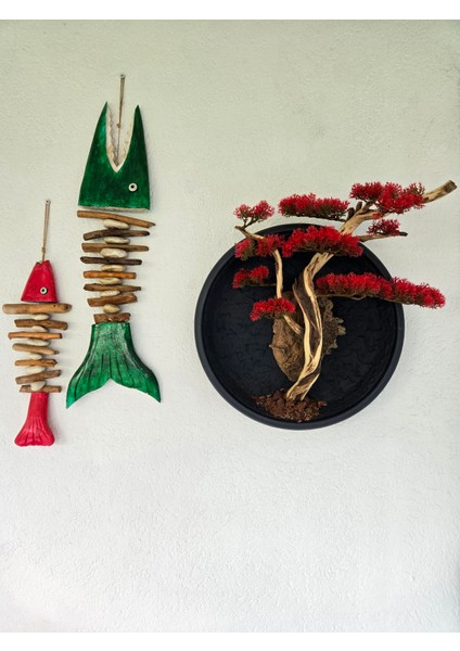 El Yapımı Driftwood Bonsai – Kırmızı Yapay Çiçekli Duvar Dekoru fiyatları