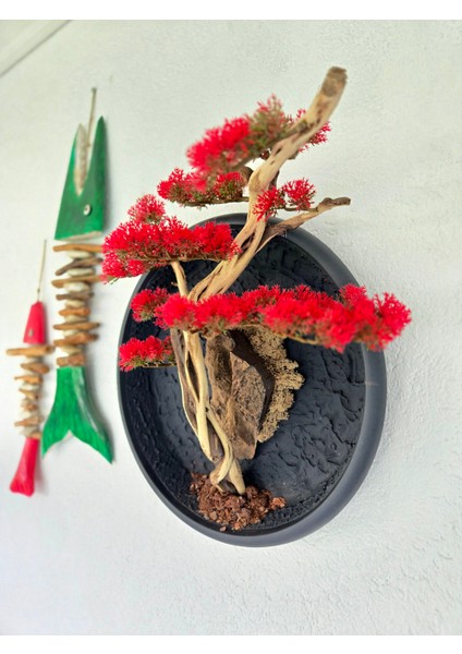 El Yapımı Driftwood Bonsai – Kırmızı Yapay Çiçekli Duvar Dekoru modelleri