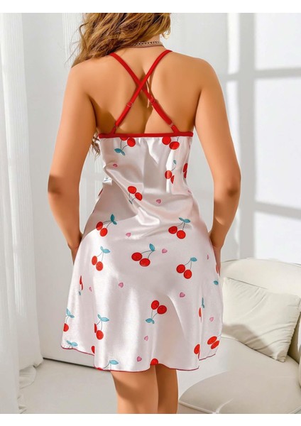 Kadın Beyaz Kırmızı Kiraz Desenli Saten Gecelik 2230 fiyatları