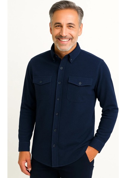 BURSPA Rahat Kesim Düz Kışlık Kapaklı Düğmeli Çift Cep Erkek Baba Gömlek