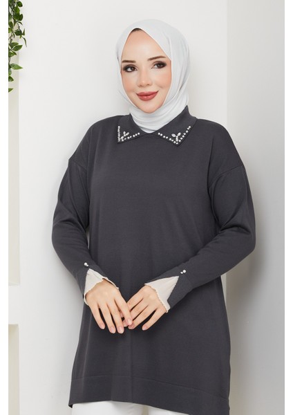 Kadın Kol Ağzı Dantel Detaylı Merserize Triko Tunik -PMK493