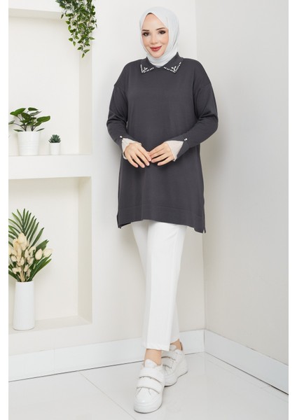 Kadın Kol Ağzı Dantel Detaylı Merserize Triko Tunik -PMK493 fiyatları