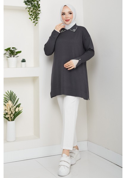 Kadın Kol Ağzı Dantel Detaylı Merserize Triko Tunik -PMK493 modelleri