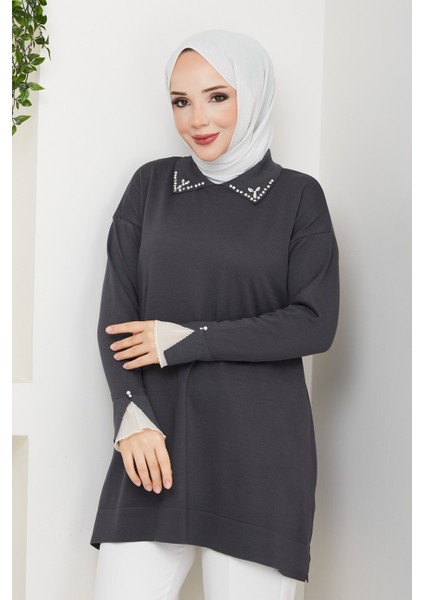 Kadın Kol Ağzı Dantel Detaylı Merserize Triko Tunik -PMK493 indirimleri
