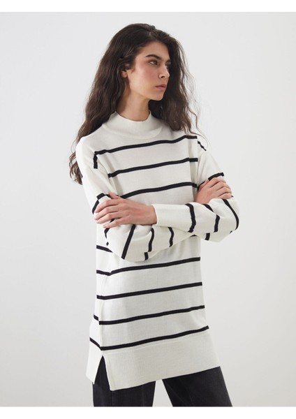 Dik Yaka Çizgili Kadın Triko Tunik