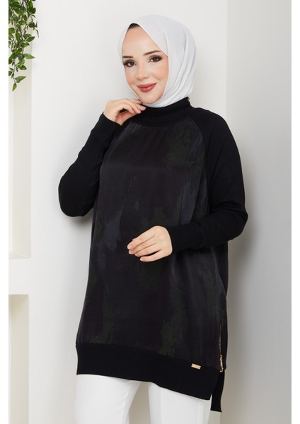 Kadın Yarım Balıkçı Yaka Yandan Fermuarlı Ipek Kupra Merserize Tunik -PMK494