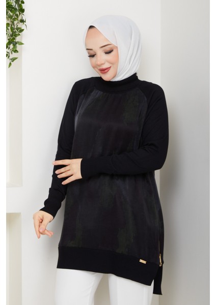 Kadın Yarım Balıkçı Yaka Yandan Fermuarlı Ipek Kupra Merserize Tunik -PMK494 fırsatları