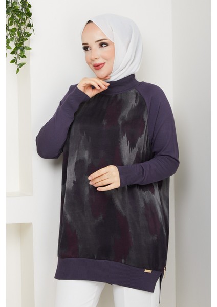 Kadın Yarım Balıkçı Yaka Yandan Fermuarlı Ipek Kupra Merserize Tunik -PMK494