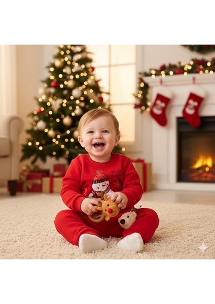 Bebek Yılbaşı Noel Temalı Kardan Adam Baskılı Eşofman Takımı