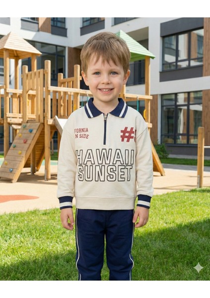 Asliva Unisex Çocuk Lacivert Hawaii Sunset Baskılı Polo Yaka Yarım Fermuarlı Pamuklu Eşofman Takımı